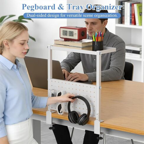 Jumyee 2-Tier Metal Clamp On Desk Shelf with Pegboard, 270° Flip Magnetic Clamp On Pegboard Organizer with 6 Hooks, Desktop Organizer White Desk Shelf for Home Office Gaming Accessories(White) in Kuwait