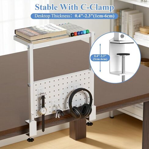 Jumyee 2-Tier Metal Clamp On Desk Shelf with Pegboard, 270° Flip Magnetic Clamp On Pegboard Organizer with 6 Hooks, Desktop Organizer White Desk Shelf for Home Office Gaming Accessories(White) in Kuwait