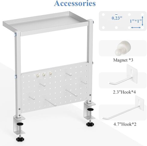 Jumyee 2-Tier Metal Clamp On Desk Shelf with Pegboard, 270° Flip Magnetic Clamp On Pegboard Organizer with 6 Hooks, Desktop Organizer White Desk Shelf for Home Office Gaming Accessories(White) in Kuwait