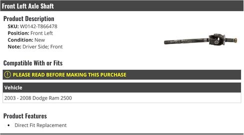 Marketplace Auto Parts Front Left Driver Side Axle Shaft - Compatible with 2003-2008 Dodge Ram 2500 in Kuwait