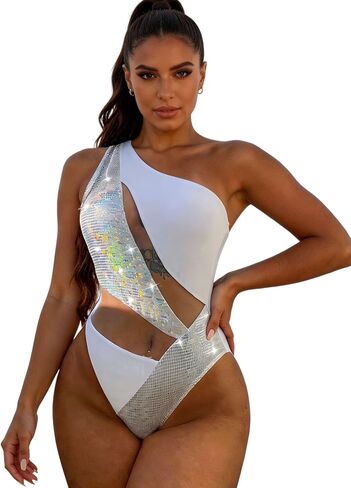 Women's Sexy Metallic One Piece Swimsuit Shiny Sequin Mesh Sheer Splicong One Shoulder Bathing Suit Rave Festival Outfits in Saudi Arabia