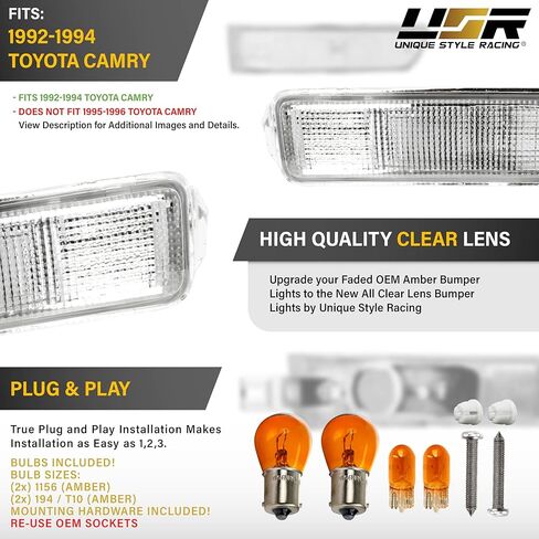 USR 92-94 SXV10 Bumper Light – Turn Signal Lamps (Left + Right) 4pc Set - Compatible with 1992-1994 Toyota Camry All Models such as DX, LE, SE, XLE, DLX (CLEAR BUMPER LIGHTS w/AMBER BULBS) in Kuwait
