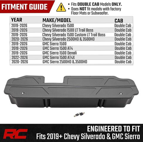 وحدة تخزين تحت المقعد من Rough Country لسيارة Chevy Silverado وGMC Sierra 1500/2500HD/3500HD Double Cab (2019-2026) - صينية تنظيم خلفية مخصصة أسفل المقعد مع غطاء قابل للقفل in Kuwait