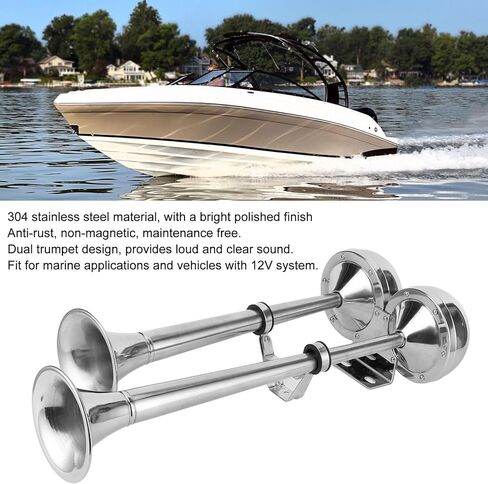 aqxreight 12V Dual Trumpet Horn 304 الفولاذ المقاوم للصدأ المصقول للقوارب البحرية، RVs، سيارات الدفع الرباعي، والشاحنات وصوت واضح، سهل التركيب in Kuwait