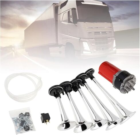125db 12V 5 Red Dixie Super Loud Car Trumpet Air Horn الموسيقية الهواء القرن هازارد مع ضاغط الهواء متوافق مع قوارب شاحنة السيارة in Kuwait