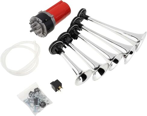 125db 12V 5 Red Dixie Super Loud Car Trumpet Air Horn الموسيقية الهواء القرن هازارد مع ضاغط الهواء متوافق مع قوارب شاحنة السيارة in Kuwait