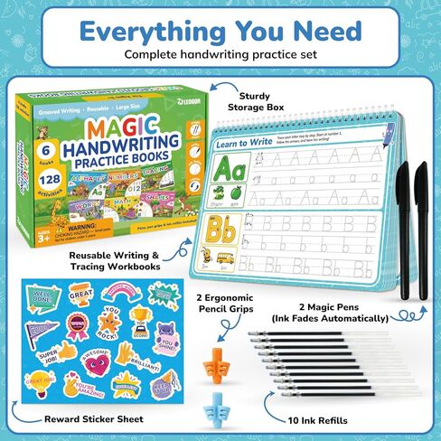 LEOGOR Magic Grooved Writing Practice for Kids - 6 Grooved Writing Books for Kids 3-5 & 6-8 - Disappearing Ink Handwriting Books - Traceable Letters Numbers for Preschool - Reusable Learning Activity in Kuwait