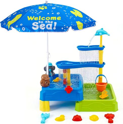 MUGEYMYD Water Table for Toddlers 3-5, Rain Showers Splash Pond Sensory Sand Playset with Umbrella, 16 PCS Accessories, Outdoor Summer Toy for Boys and Girls. in Kuwait