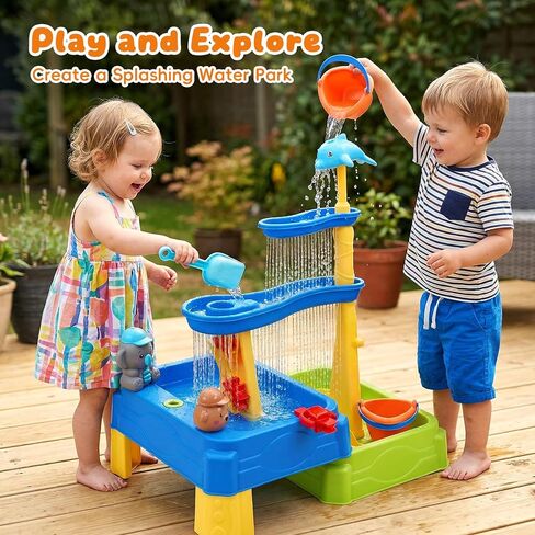 MUGEYMYD Water Table for Toddlers 3-5, Rain Showers Splash Pond Sensory Sand Playset with Umbrella, 16 PCS Accessories, Outdoor Summer Toy for Boys and Girls. in Kuwait