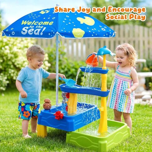 MUGEYMYD Water Table for Toddlers 3-5, Rain Showers Splash Pond Sensory Sand Playset with Umbrella, 16 PCS Accessories, Outdoor Summer Toy for Boys and Girls. in Kuwait