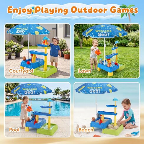 MUGEYMYD Water Table for Toddlers 3-5, Rain Showers Splash Pond Sensory Sand Playset with Umbrella, 16 PCS Accessories, Outdoor Summer Toy for Boys and Girls. in Kuwait
