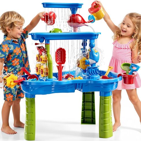 Water Table for Toddlers 3-5, 3-Tier Kids Sand Water Table, Water and Sand Activity Sensory Table Beach Outdoor Backyard Toys for Kids Toddlers Age 3 4 5 6 7 8 Boys Girls in Kuwait