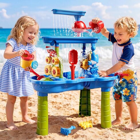 Water Table for Toddlers 3-5, 3-Tier Kids Sand Water Table, Water and Sand Activity Sensory Table Beach Outdoor Backyard Toys for Kids Toddlers Age 3 4 5 6 7 8 Boys Girls in Kuwait