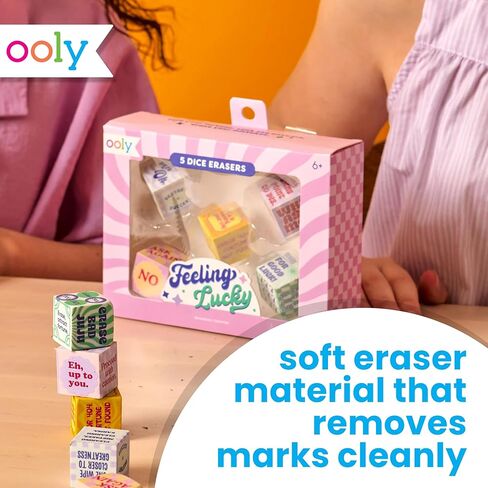 Ooly Feeling Lucky Erasers, Set of 5 Fun Dice-Shaped Erasers with Fun Messages, 1 Inch Each, Unique School Supplies for Kids, Classroom, and Desk Organization in Kuwait