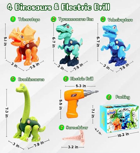 Dinosaur Toys for Kids, 4 Pack Take Apart Dinosaur Toys with Electric Drill for 3 4 5 6 7 8Year Old Boys and Girls, STEM Construction Building Play Toy for Christmas Birthday Gifts in Kuwait