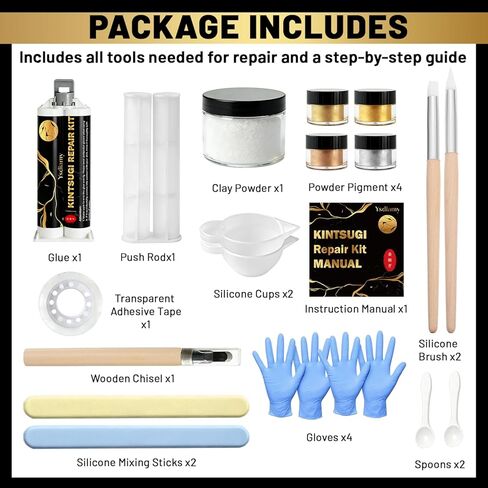 Kintsugi Repair Kit, Food Safe Ceramic Glue with Gold Powder, Complete Kintsugi Kit for Fixing Broken Ceramics, Glass, Porcelain & Jade, Easy Kintsugi Craft Set for Adults & Beginners in Kuwait