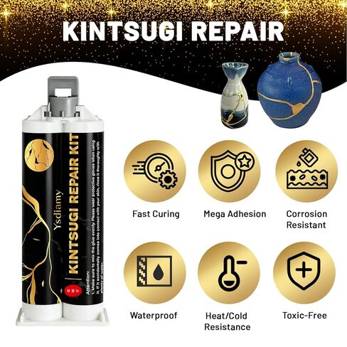 Kintsugi Repair Kit, Food Safe Ceramic Glue with Gold Powder, Complete Kintsugi Kit for Fixing Broken Ceramics, Glass, Porcelain & Jade, Easy Kintsugi Craft Set for Adults & Beginners in Kuwait