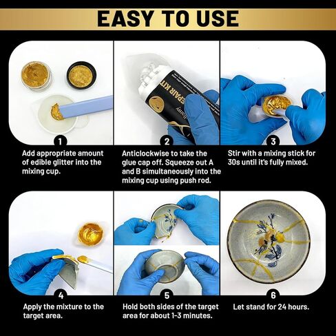 Kintsugi Repair Kit, Food Safe Ceramic Glue with Gold Powder, Complete Kintsugi Kit for Fixing Broken Ceramics, Glass, Porcelain & Jade, Easy Kintsugi Craft Set for Adults & Beginners in Kuwait