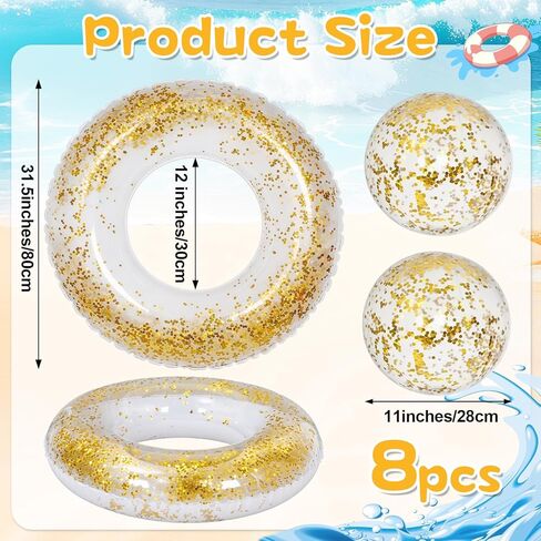 8 Pack Glitter Inflatable Pool Float Tube 4 Pcs 31.5 Inch Golden Swim Rings 4 Pcs 11 inch Glitter Beach Balls with Air Pump Summer Pool Beach s Hawaiian Outdoor Party Decorations Supplies in Kuwait
