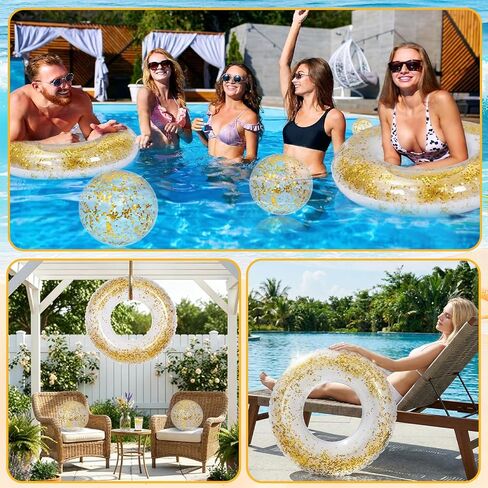 8 Pack Glitter Inflatable Pool Float Tube 4 Pcs 31.5 Inch Golden Swim Rings 4 Pcs 11 inch Glitter Beach Balls with Air Pump Summer Pool Beach s Hawaiian Outdoor Party Decorations Supplies in Kuwait