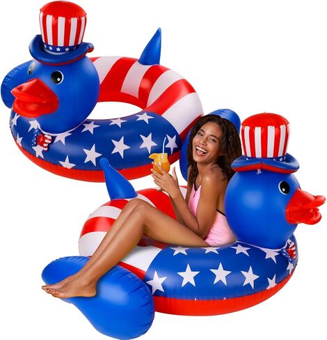 Karenhi 2 Pack Giant Duck Patriotic Pool Floats 4th of July Pool Floats, American Flag Swimming Ring Red White Blue Swim Tubes for Beach Summer 250th Anniversary Independence Day USA Party Inflatable in Kuwait