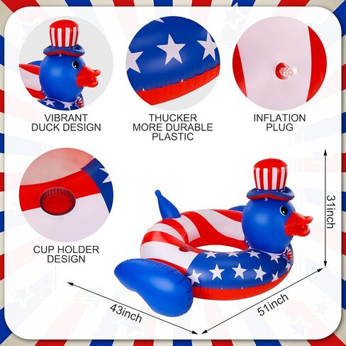 Karenhi 2 Pack Giant Duck Patriotic Pool Floats 4th of July Pool Floats, American Flag Swimming Ring Red White Blue Swim Tubes for Beach Summer 250th Anniversary Independence Day USA Party Inflatable in Kuwait