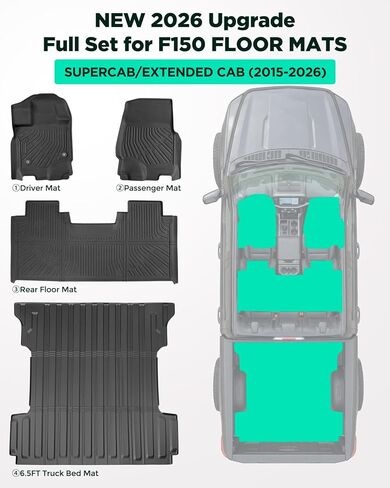 سجادات أرضية F150 مع سجادة سرير الشاحنة 6.5 قدم: 2015-2025 2026 SuperCab/كابينة ممتدة (ليست SuperCrew)، بطانة سرير الشاحنة لـ Ford F150 6.5 قدم، ملحقات السيارة TPE لجميع الأحوال الجوية، سجادات أرضية السيارات in Kuwait