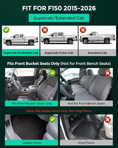 سجادات أرضية F150 مع سجادة سرير الشاحنة 6.5 قدم: 2015-2025 2026 SuperCab/كابينة ممتدة (ليست SuperCrew)، بطانة سرير الشاحنة لـ Ford F150 6.5 قدم، ملحقات السيارة TPE لجميع الأحوال الجوية، سجادات أرضية السيارات in Kuwait