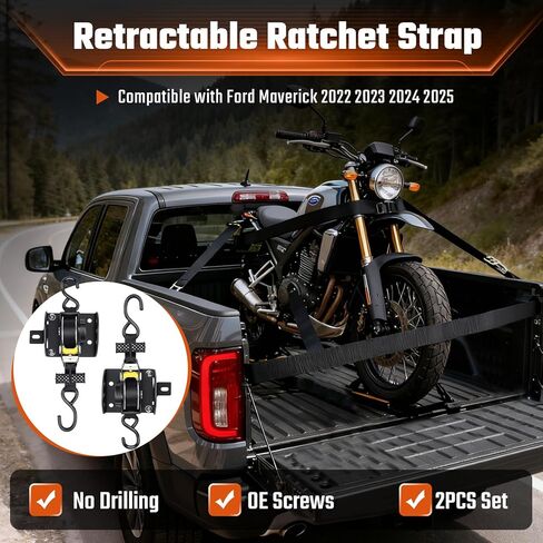 2PCS Retractable Ratchet Straps Compatible with Ford Maverick 2022–2025 Accessories, 1500LB Heavy Duty Truck Bed Tie Down System for Secure Cargo Management, Auto-Retract & Easy Bolt-On Installatio in Kuwait