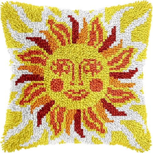 QIONG MENG Latch Hook Kits for Adults, DIY Sun Decor Boho Pattern Pillow Cover Kit Needlework Cushion Cover Hand Craft Crochet for Home Sofa Decorations Gifts 17 x 17 Inch in Kuwait