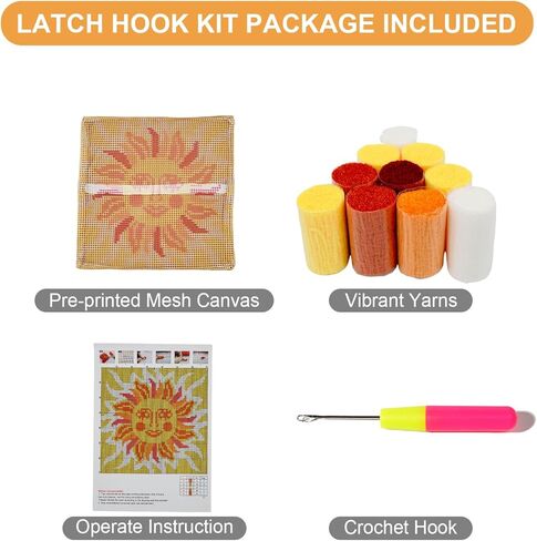 QIONG MENG Latch Hook Kits for Adults, DIY Sun Decor Boho Pattern Pillow Cover Kit Needlework Cushion Cover Hand Craft Crochet for Home Sofa Decorations Gifts 17 x 17 Inch in Kuwait