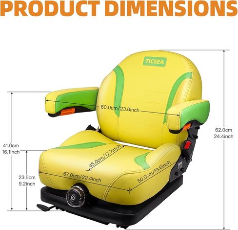 Suspension Seat for Zero Turn Mower – Comfort Pro Tractor Seat with Adjustable Backrest, Cushioned Armrests & Yellow-Green Design for John Deere, Hustler, Gravely, Bad Boy, Kubota, Toro in Kuwait