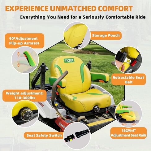 Suspension Seat for Zero Turn Mower – Comfort Pro Tractor Seat with Adjustable Backrest, Cushioned Armrests & Yellow-Green Design for John Deere, Hustler, Gravely, Bad Boy, Kubota, Toro in Kuwait