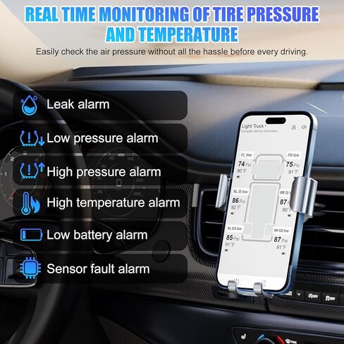 Tire Pressure Monitoring System with 6 External Sensors, Wireless TPMS for Car Truck RV Motorcycle, Real-time Display Pressure Temperature, 6 Alert Modes, Support iOS & Android in Kuwait