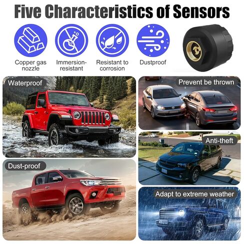 Tire Pressure Monitoring System with 6 External Sensors, Wireless TPMS for Car Truck RV Motorcycle, Real-time Display Pressure Temperature, 6 Alert Modes, Support iOS & Android in Kuwait