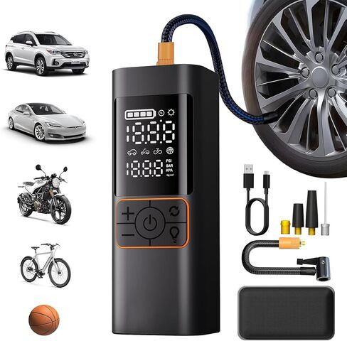 Cordless Tire Inflator 6000mAh, Portable Air Compressor with Digital Pressure Gauge - Fast 4X Inflation for Car, Truck, Bike, Motorcycle | Auto Shut Off & LED Light for Emergency Roadside Assistance in Kuwait