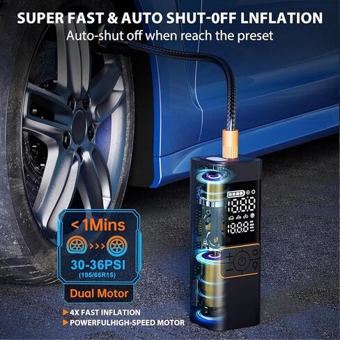Cordless Tire Inflator 6000mAh, Portable Air Compressor with Digital Pressure Gauge - Fast 4X Inflation for Car, Truck, Bike, Motorcycle | Auto Shut Off & LED Light for Emergency Roadside Assistance in Kuwait