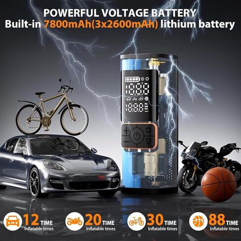 Cordless Tire Inflator 6000mAh, Portable Air Compressor with Digital Pressure Gauge - Fast 4X Inflation for Car, Truck, Bike, Motorcycle | Auto Shut Off & LED Light for Emergency Roadside Assistance in Kuwait