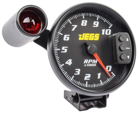JEGS 5in.Tachometer | Black Face with Black Bezel | 0-10,000 RPM Range | Super-Bright LED Shift Light | One-Touch Peak RPM Recall | Mounting Bracket Included in Kuwait