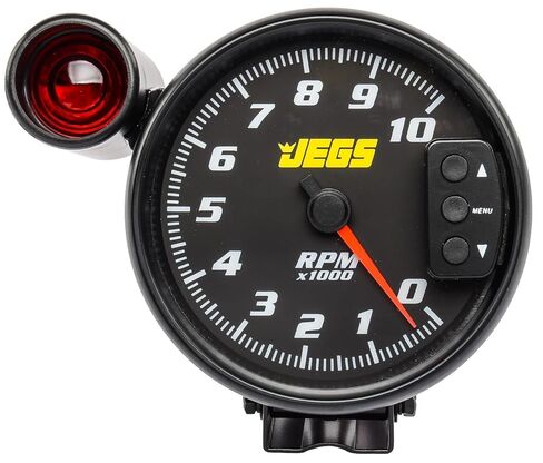 JEGS 5in.Tachometer | Black Face with Black Bezel | 0-10,000 RPM Range | Super-Bright LED Shift Light | One-Touch Peak RPM Recall | Mounting Bracket Included in Kuwait