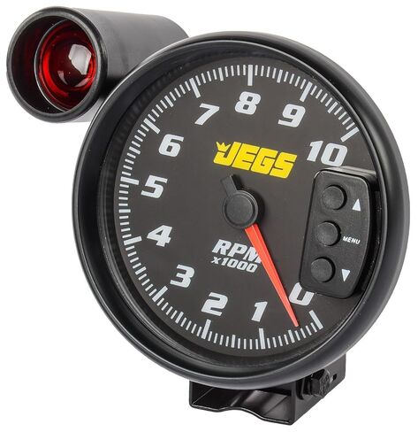 JEGS 5in.Tachometer | Black Face with Black Bezel | 0-10,000 RPM Range | Super-Bright LED Shift Light | One-Touch Peak RPM Recall | Mounting Bracket Included in Kuwait