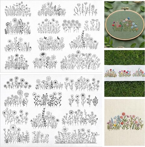 25Pcs Water Soluble Embroidery Patterns Stick and Stitch Embroidery Paper with Wildflower Designs, Wash Away Transfer for Hand Sewing Beginners & Lovers in Kuwait