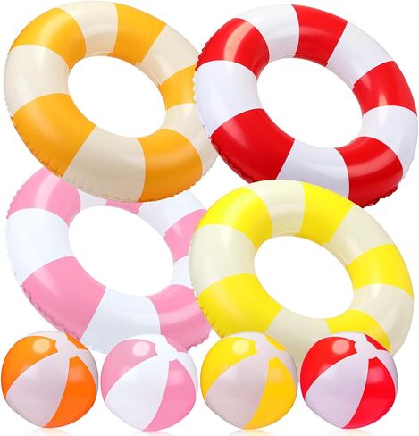 8 Pcs Inflatable Pool Float Set, 4 Large Striped Swim Rings and 4 Beach Balls, Summer Pool Tubes for Adults Teens, Hawaiian Luau Beach Party Favors Supplies in Kuwait