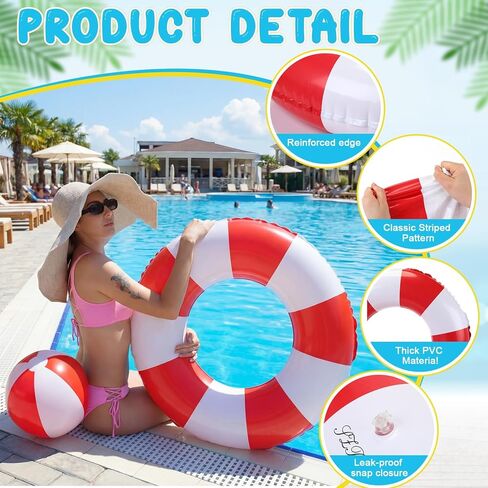 8 Pcs Inflatable Pool Float Set, 4 Large Striped Swim Rings and 4 Beach Balls, Summer Pool Tubes for Adults Teens, Hawaiian Luau Beach Party Favors Supplies in Kuwait