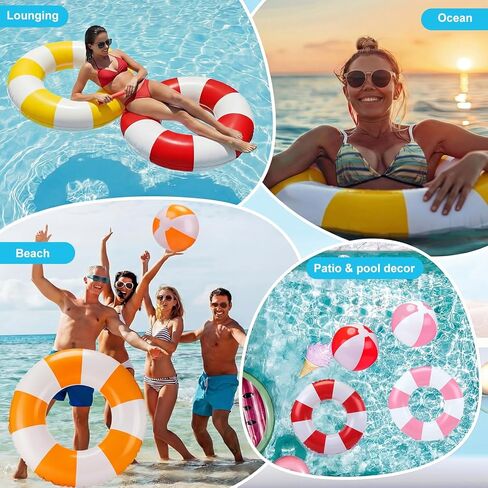 8 Pcs Inflatable Pool Float Set, 4 Large Striped Swim Rings and 4 Beach Balls, Summer Pool Tubes for Adults Teens, Hawaiian Luau Beach Party Favors Supplies in Kuwait
