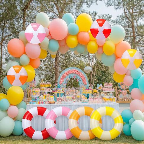 8 Pcs Inflatable Pool Float Set, 4 Large Striped Swim Rings and 4 Beach Balls, Summer Pool Tubes for Adults Teens, Hawaiian Luau Beach Party Favors Supplies in Kuwait