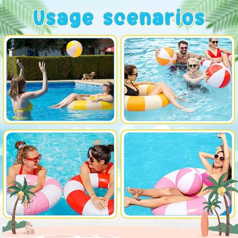 8 Pcs Inflatable Pool Float Set, 4 Large Striped Swim Rings and 4 Beach Balls, Summer Pool Tubes for Adults Teens, Hawaiian Luau Beach Party Favors Supplies in Kuwait