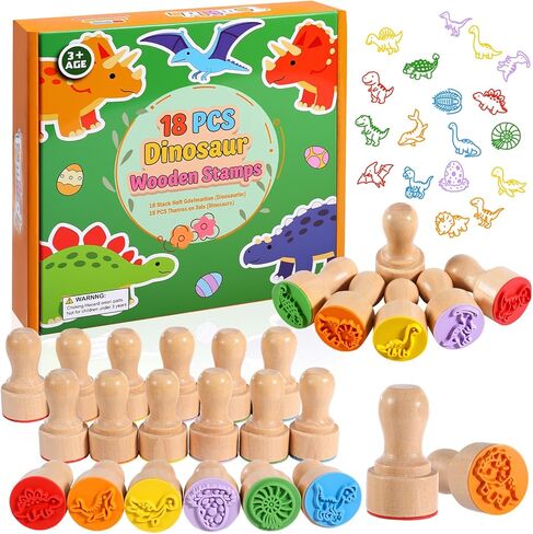 Wooden Dinosaur Stamp Set for Kids, 18 Pcs Dino Stamps Art Projects Supplies Classroom Rewards Birthday Gift Party Favors Carnival Prizes for Boys Girls in Kuwait