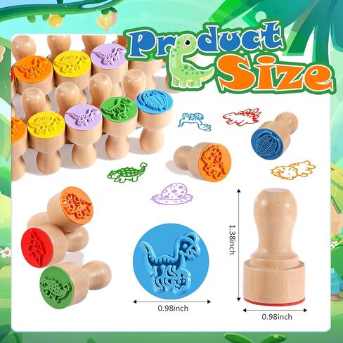 Wooden Dinosaur Stamp Set for Kids, 18 Pcs Dino Stamps Art Projects Supplies Classroom Rewards Birthday Gift Party Favors Carnival Prizes for Boys Girls in Kuwait