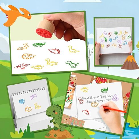 Wooden Dinosaur Stamp Set for Kids, 18 Pcs Dino Stamps Art Projects Supplies Classroom Rewards Birthday Gift Party Favors Carnival Prizes for Boys Girls in Kuwait